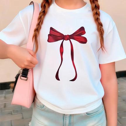 Y2k Red Bow Design Printed Funny T Shirts Graphic Kids Short Sleeve T-shirt Boys Girls Summer Spring Casual Top Tee Shirt