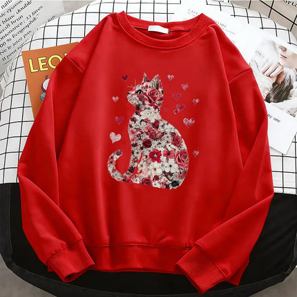 Love Cat Gothic Womens Solid Hoodies Basic Warm Fleece Sweatshirt Soft Breathable O-Neck Pullover Casual Female Clothes