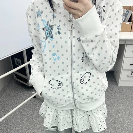 Japanese Sweet Hoodies Long Sleeve Pockets Cartoon Print Polka Dot Loose Sweatshirts Y2k Aesthetics Cute Tops Women's Clothing