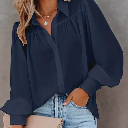 Women Fashion Plus Size 1XL-5XL Basic Blouse Ladoes Solid Button Up Lantern Sleeve Turn Down Collar Blouse Shirt