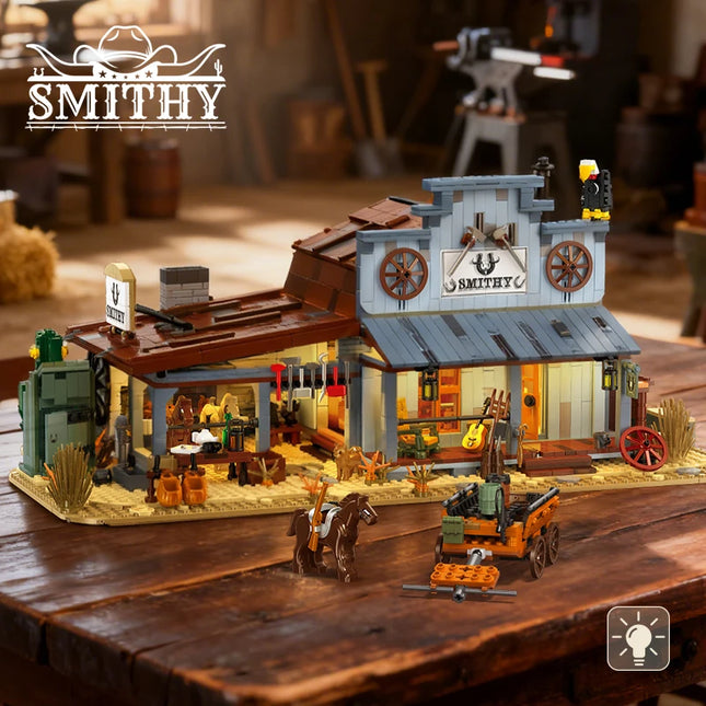 Retro architectural model blacksmith shop desktop ornament, street scene building blocks toys set, children's holiday gift