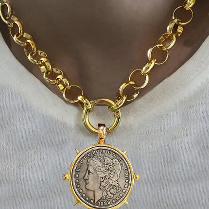 Hyperbole Gothic Cuban Chunky Necklace Women Queen Coin Holy Dollar Pendant Necklace Statement Hip hop Jewelry