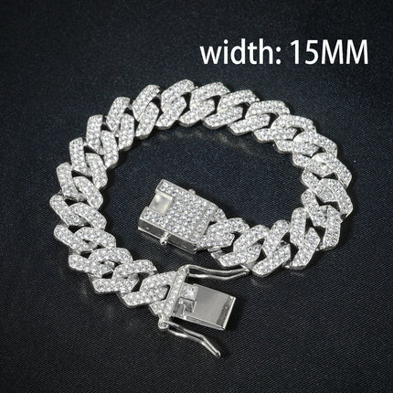 HipHop Men Women 13MM Prong Cuban Link Chain Bracelet Bling Iced Out 2 Row Rhinestone Paved Miami Rhombus Cuban Chain Jewelry