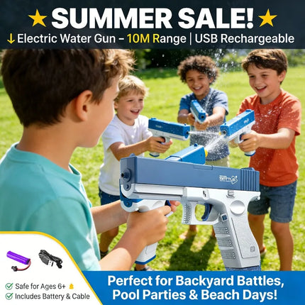 Electric Water Gun Rechargeable 10M Range Auto Manual Spray w Battery USB Cable Summer Outdoor Toy for Kids Adults Party Pool