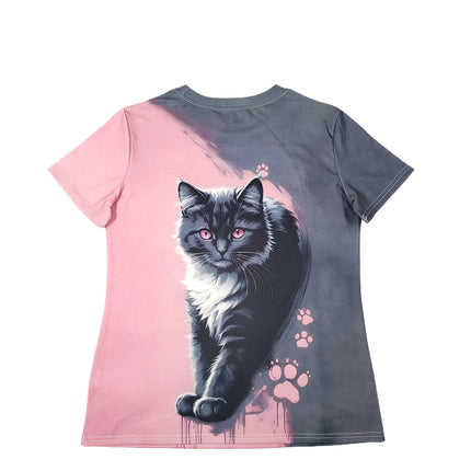 Two-Tone Women's Tee - Black & White Cat with Pink Eyes Graphic, Cute Paw Print Print Design for Casual Daily Wear