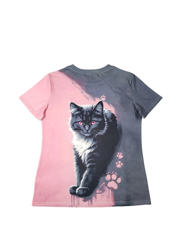 Two-Tone Women's Tee - Black & White Cat with Pink Eyes Graphic, Cute Paw Print Print Design for Casual Daily Wear
