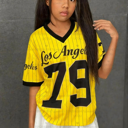Girls Casual Sports Style Los Angeles NO.79 Print Short Sleeve V-Neck Women's Children Men's T-shirt Tops