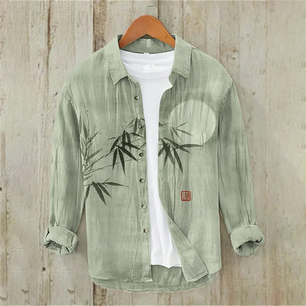 Men's Long Sleeve Shirt Japanese Fashion Art Bamboo Illustration High Quality Large Size Men's Clothing