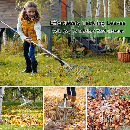 160CM Metal Garden Rake With Adjustable Handle for Leaves, Thatch, and Lawns - Heavy Duty Leaf Collector for Garden and Yard