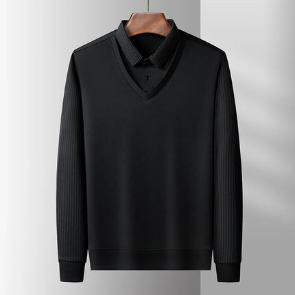 Men's Casual Fashion Long Sleeve Solid Color Polo Shirt 2025 Business Versatile Top All Season Fake Two-Piece