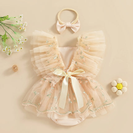 Citgeett Summer Infant Baby Girls Bodysuit Dress Fly Sleeve Floral Embroidery Tulle Jumpsuit Bow Headband Clothes