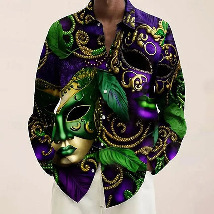Mardi Gras Men's Mask Carnival Beads Shirt Button Up Shirt Long Sleeve Fashion Casual Party Holiday 3D Print Collared Shirts