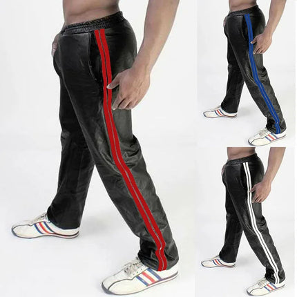 Men PU Leather Track Pants Casual Side Double Stripes Straight Leg Sport Trousers Elastic Waist Hip Hop Streetwear Joggers Pants