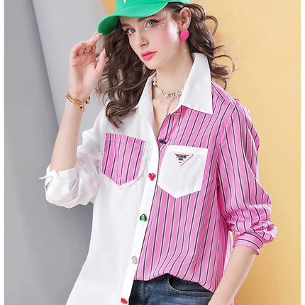Spring new striped stitching high-end temperament casual women's shirt top for women