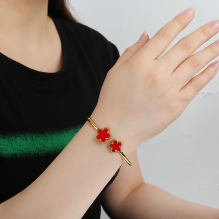 New Design Lucky Stainless Steel FIve Leaf Flower Bangle Ring Jewelry Set for Women Waterproof Fashion Jewelry Party Gift Clover