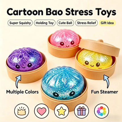 Steamed Bun Squeeze Toy Simulation Bao Stress Relief Fidget Toy with Beads Sparkles Soft Squishy Sensory Decompression Accessory