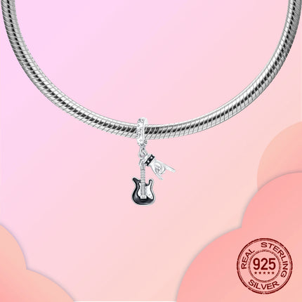 Hot Sale Rock Music Guitar Charms 925 Sterling Silver Dangle Pendant Fit Bangle Bracelet Necklace DIY Jewelry
