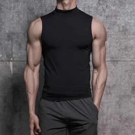 Men's Sleeveless Turtleneck Compression Shirt Man Quick Dry Workout Fitness Gym Tank Top Base Layer Bodybuilding Running Vest