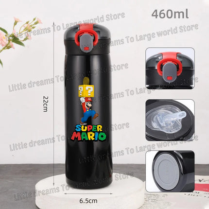 Super Marios Bros 460ml Thermal Cup Men Women Anime Black Straw Bottle Bouncing Lid Portable 304 Stainless Steel Thermo Bottles