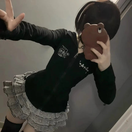 Japanese Vintage Rabbit Ears Hoodie Long Sleeve Polka Dot Print Y2k Retro Slim Zipper Patchwork Sweatshirt Women Sweet Cartoon