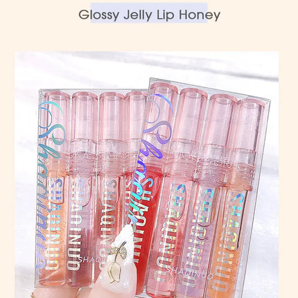 Four pack lip gloss set box, water gloss jelly lip gloss, moisturizing glass lips, not easy to stick to cup