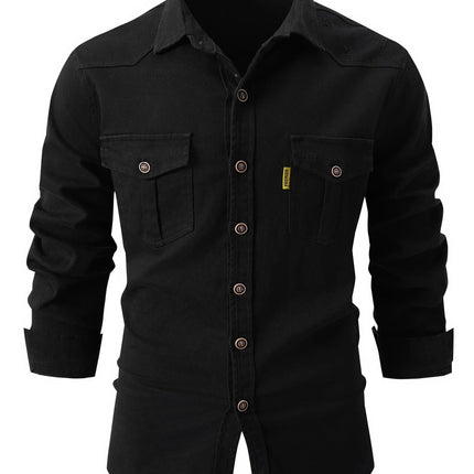 Fashion Men's Business Casual Long Sleeve Shirt with Double Pockets Turn-down Collar Office Work Wear Outdoor Utility Clothing