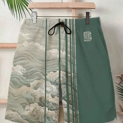 2025 Summer New 3D Japanese Wave Print Men's Street Hip-Hop Casual Shorts Men's Summer Swim Shorts Drawstring Casual Shorts