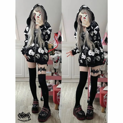 Spring style niche street fashion trend couple's new skull print hoodie long sleeved loose casual outdoor series hoodie