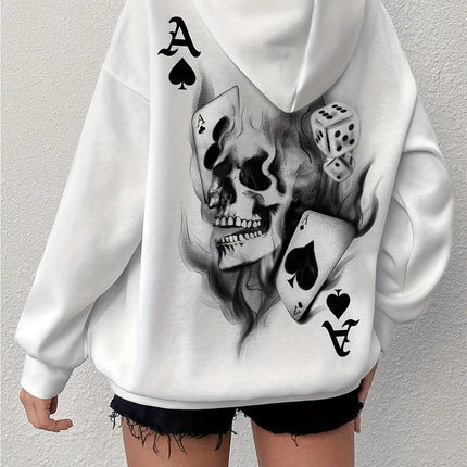 Women's autumn and winter fashionable casual loose geometric skull pattern with plush warm long sleeved hooded sweatshirt