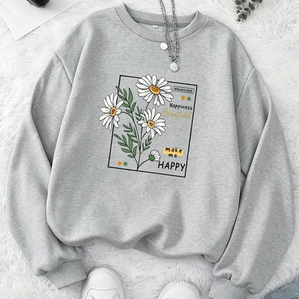 Women Daisy Floral Graphic Sweatshirt Girls Casual Crew Neck Pullover Oversized Soft Fleece Long Sleeve Trend Streetwear Y2K Top