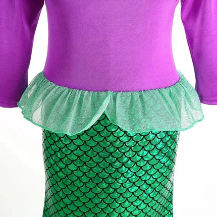 Halloween Christmas Holiday Birthday Party Mermaid Princess Same Style Girl Ariel Cosplay Long Sleeve Mermaid Dress Accessory