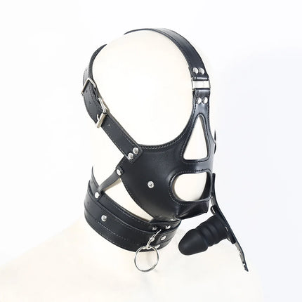 BDSM PU Leather Head Harness Hood Mask with Silicone Dildo Mouth Gag Slave Bondage Role Play Adult Sex Toy Fetish Gear Tools