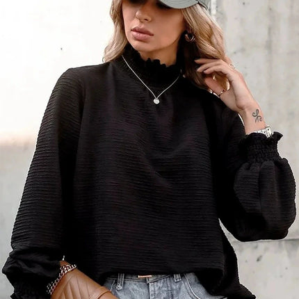 Elegant Autumn High Collar Patchwork Women Shirt Chic Blouse Long Sleeve Office Shirt Plain Casual Basic Regular Top Woman
