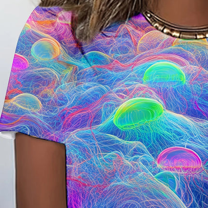 New Summer Collection for 2026! Fashionable and Colorful Jellyfish 3D Printed T-shirt,loose and Slimming Versatile Top for Women