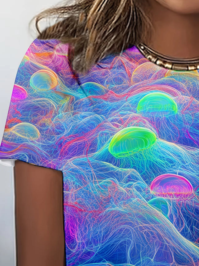 New Summer Collection for 2026! Fashionable and Colorful Jellyfish 3D Printed T-shirt,loose and Slimming Versatile Top for Women