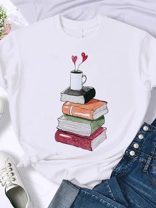 Coffee Books Brown books American retro T-shirt woman round neck half sleeve T-shirt printed T-shirt top woman oversized