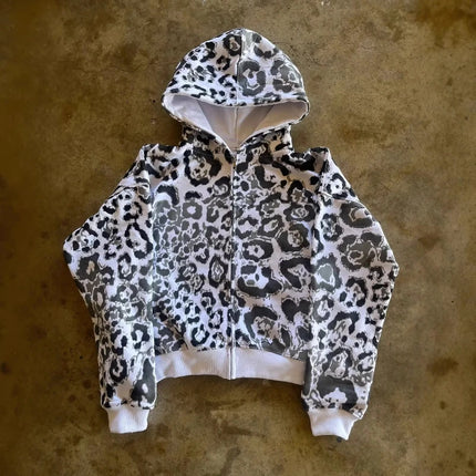 Hip Hop Casual Leopard Print Long Sleeve Hoodie 2000s Autumn Winter Fashion High Street America Dopamine Loose Zipper Sweatshirt