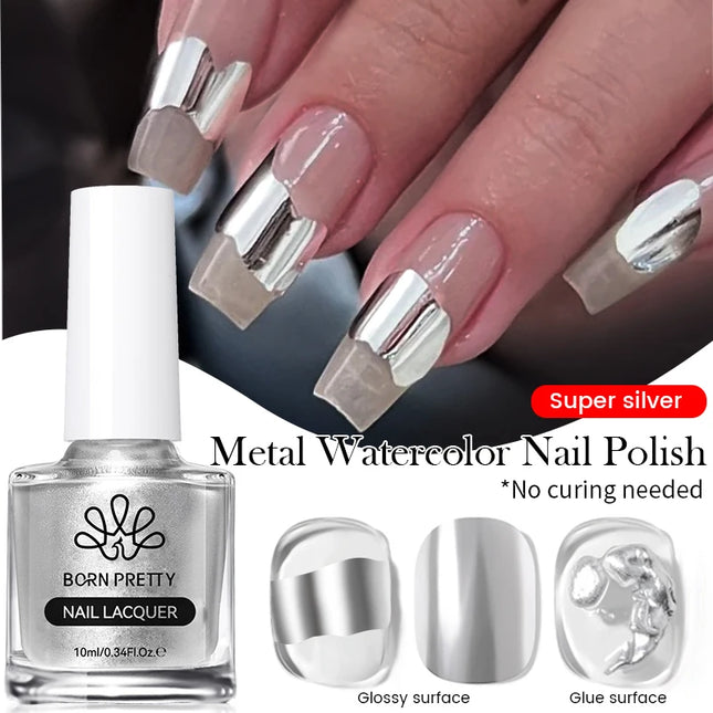BORN PRETTY 7ml Silver Metal Effect Watercolor Nail Polish Clear Blossoming Effect Natural Air Dry Manicure Nail Art Varnish
