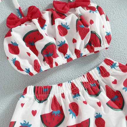Citgeett Summer Infant Baby Girl Swimsuits Fruit Print Bandage Halterneck Sleeveless Tops Beach Shorts and Hat Swimwear