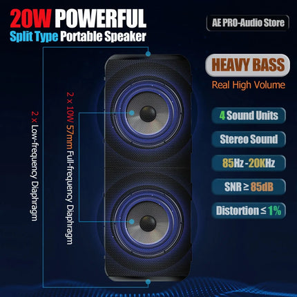 20W Split Bluetooth Speaker TWS Stereo Dual Speaker High Volume Wireless Portable Speaker Outdoor Waterproof Heavy Bass Speaker