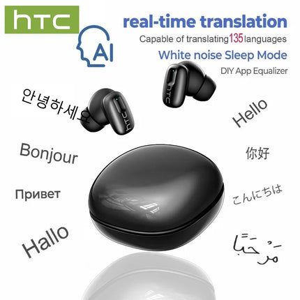HTC NE75 TWS Bluetooth 6.0 AI Translator HiFi Stereo ENC Noise Cancelling Touch Control Wireless Earphones for Travel Sport