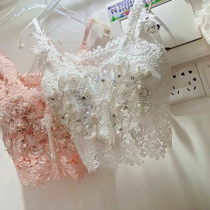 Women's Clothing Heavy Beaded Floral Tank Sexy Crop Tops Ropa Mujer Lace Butterfly Top Navel-Baring Sexy Cropped Top Summer Camis
