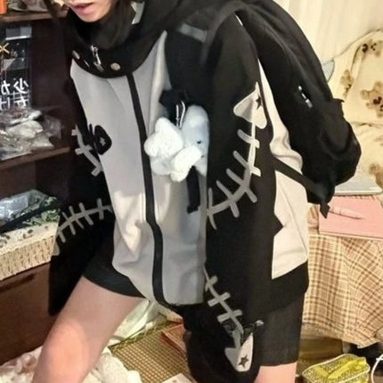 Japanese Subculture Patchwork Loose Hoodie Women Casual Punk Long Sleeve Sweet Vintage Jacket Gothic Punk Embroidery Sweatshirts