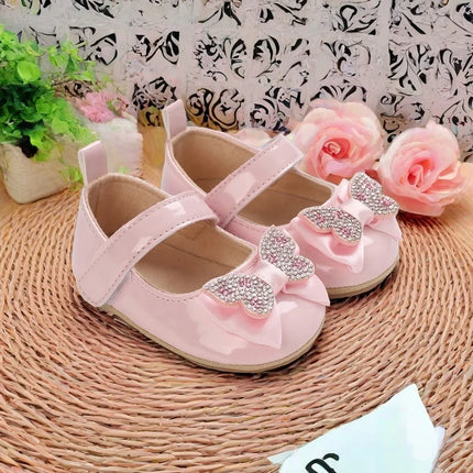 Casual Cute Rhinestone Bowknot Decor Mary Jane Shoes For Baby Girls, Lightweight Non-slip Walking Shoes For Spring And Autumn