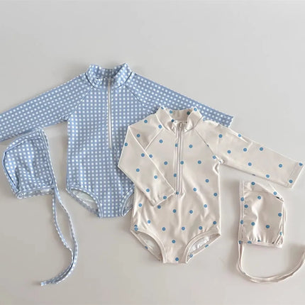 5428 Korean Baby Swimsuit Spring Summer New Boys and Girls Cute Printed Checkered Polka-dot Sun-proof One-piece Swimsuit