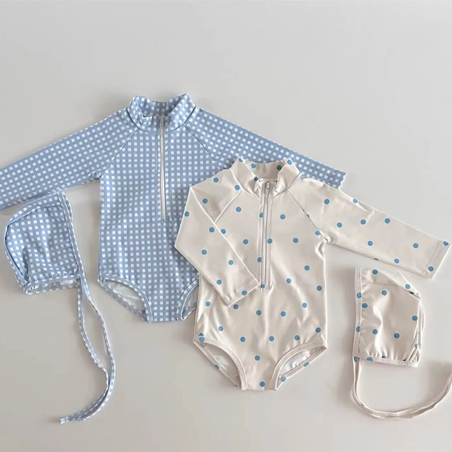 5428 Korean Baby Swimsuit Spring Summer New Boys and Girls Cute Printed Checkered Polka-dot Sun-proof One-piece Swimsuit