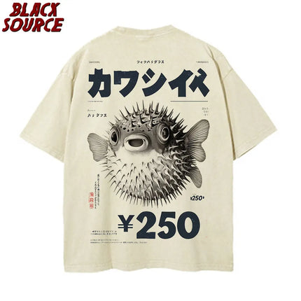 T155 Vintage Fugu Puffer Fish Ramen T-Shirts Men Women Clothing Summer 100% Cotton Tee Shirt Fashion Crewneck Short Sleeve
