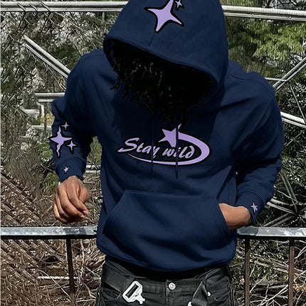 Y2K Star Graphic Hoodie Men Vintage Stay Wild Letter Hooded Sweatshirt streetwear  hoodies men clothing promo