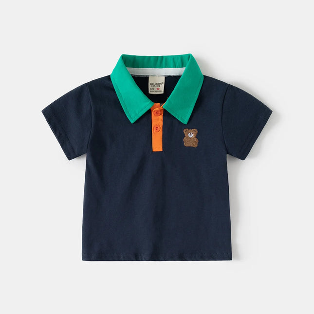 2026 Summer Boy's Polo Shirt Bear Patchwork Kids Clothes Children Top Wear Boys Clothes Short Sleeve Toddler Costumes