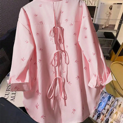 Plus Size Women's Casual and Elegant Workwear Style, Suitable for Afternoon Tea Parties, Vacations, and Beach Outings, Featuring a Bow Print Top, Simple Style, for Everyday Wear, Backless Shirt